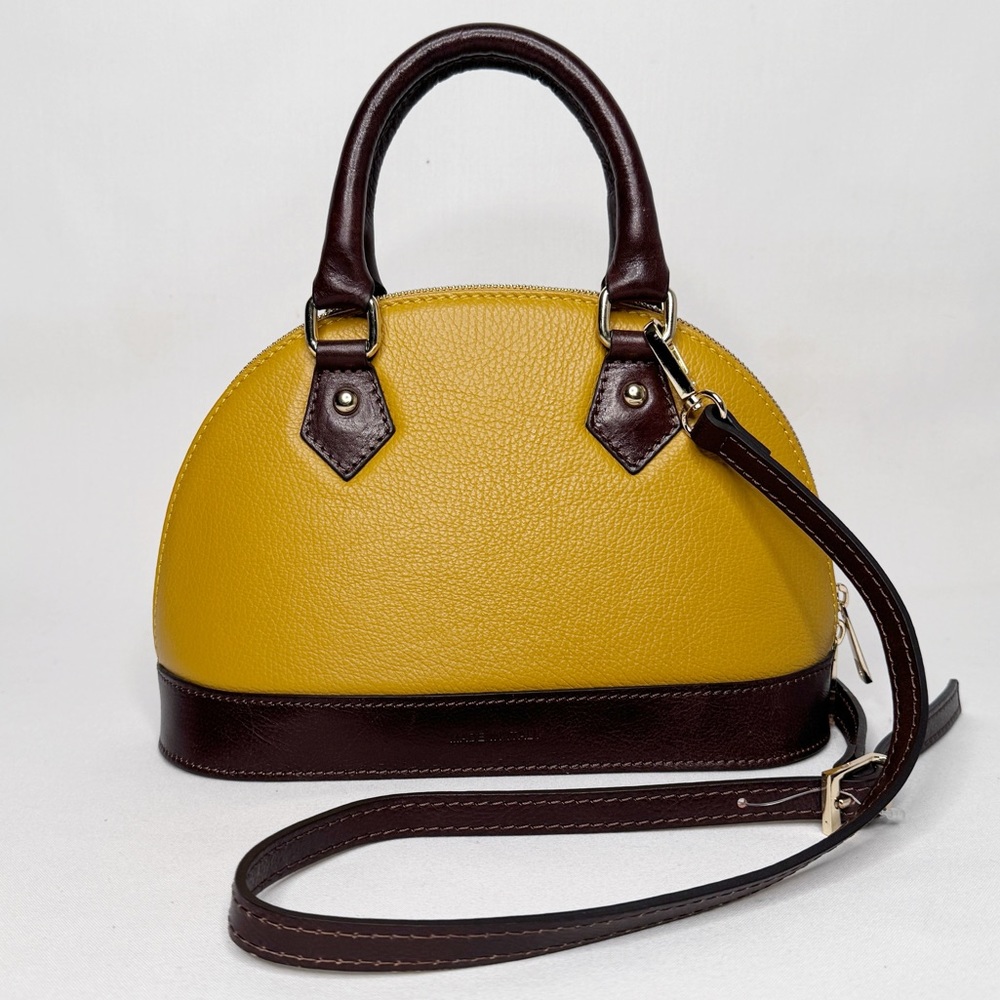 DIVINA FIRENZE DOMED SMALL MUSTARD AND BROWN LEATHER BAG